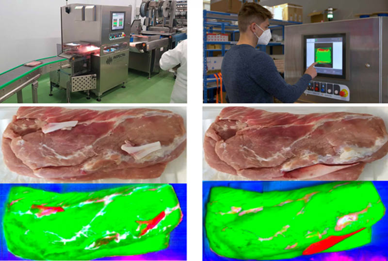 圖 7：Specim FX17 高光譜相機(jī)揭示了肉中隱藏的缺陷，例如蒼白、松軟和滲出 (PSE) 缺陷，以及骨骼和肌腱的缺陷
