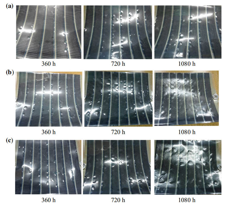 隨著在QUV紫外老化試驗箱中進行老化測試時間的推移，OSCs產生氣泡狀和顏色發(fā)生變化