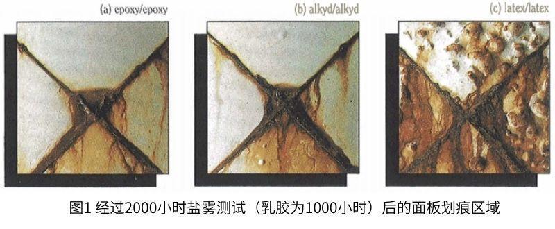 圖1經(jīng)過2000小時(shí)鹽霧測試(乳膠為1000小時(shí))后的面板劃痕區(qū)域