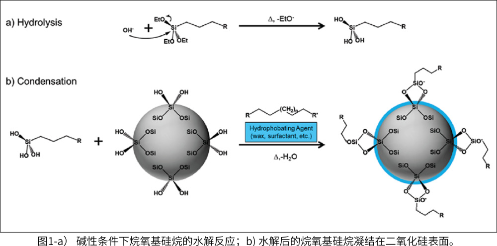 圖1-a） 堿性條件下烷氧基硅烷的水解反應(yīng)；b) 水解后的烷氧基硅烷凝結(jié)在二氧化硅表面