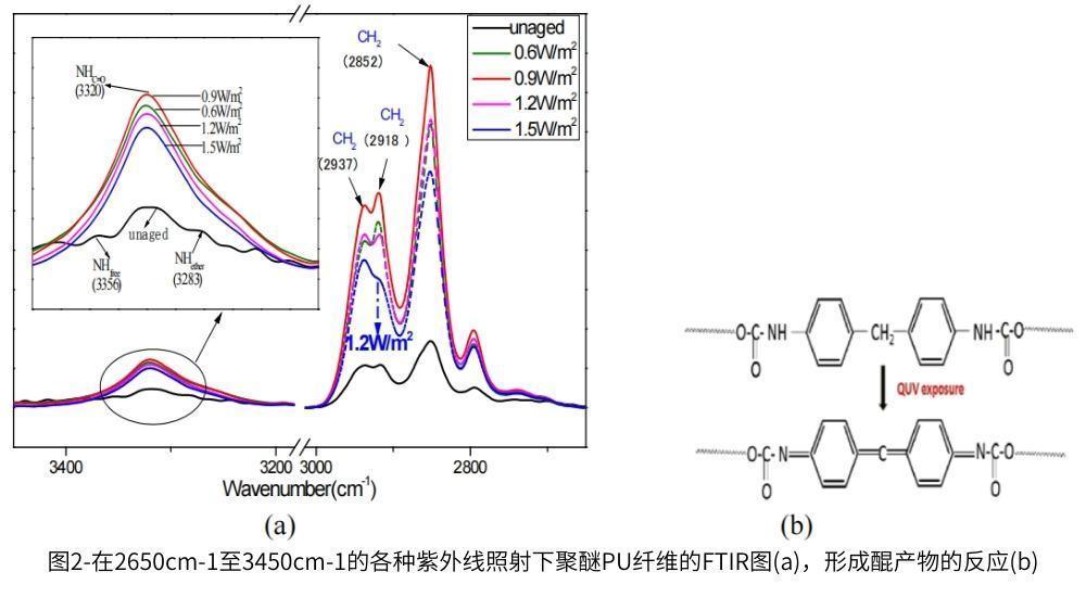 圖2a顯示了從3450cm-1到2650cm-1的QUV老化樣品的FTIR分析結(jié)果