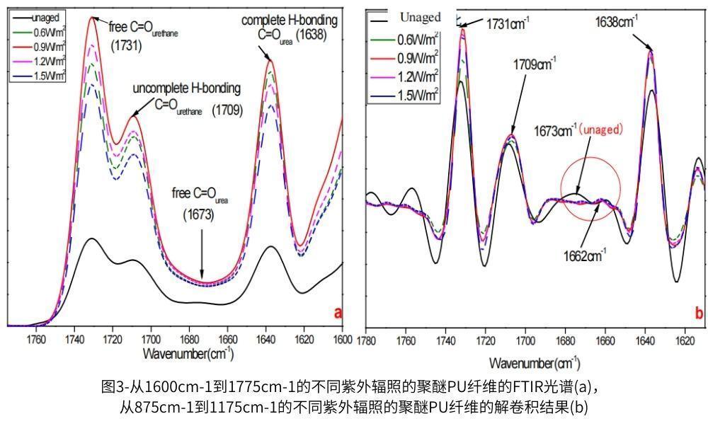 圖3說(shuō)明了在1600cm-1至1775cm-1的各種照射下聚醚PU纖維的C=O譜帶之間的比較(圖3a)及其解卷積結(jié)果(圖3b)